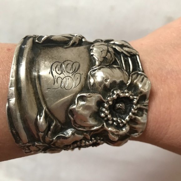 Floral Sterling Silver 925 Wide Cuff Bracelet Victorian Art Nouveau - Picture 2 of 7